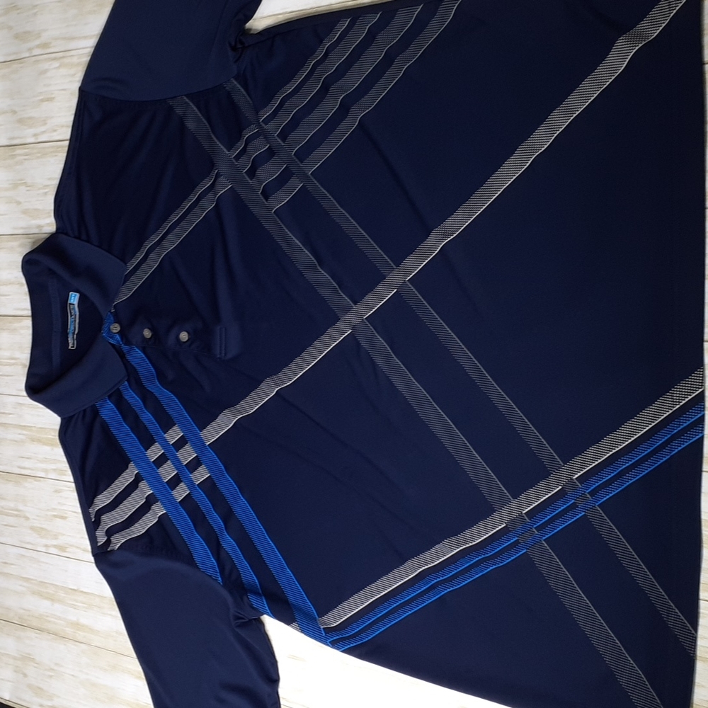 Roundtree & Yorke Navy Blue Polo with Gray and Bright Blue Stripes